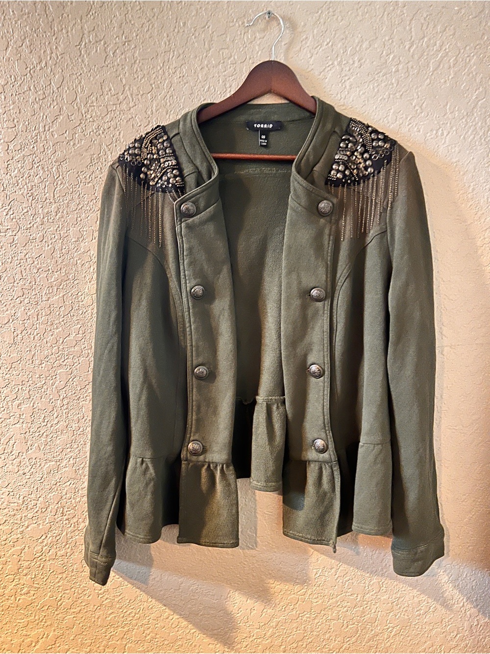 Torrid 00 Olive Military-Style Embellished Jacket M/L Double Breasted